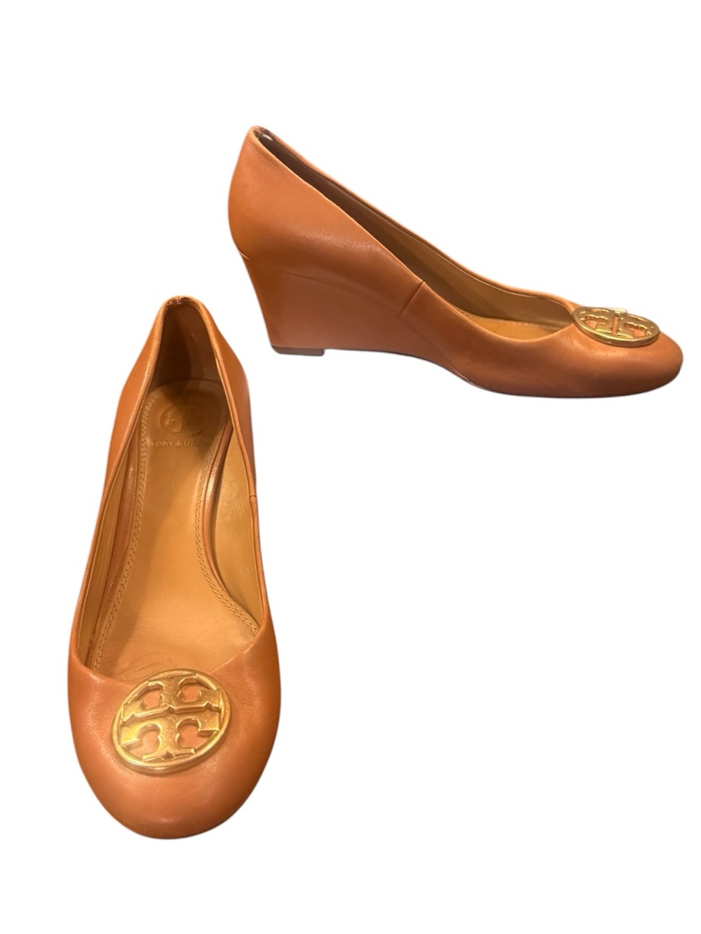 Tory Burch Brown Leather Wedge Pumps with Gold Logo Size 6.5